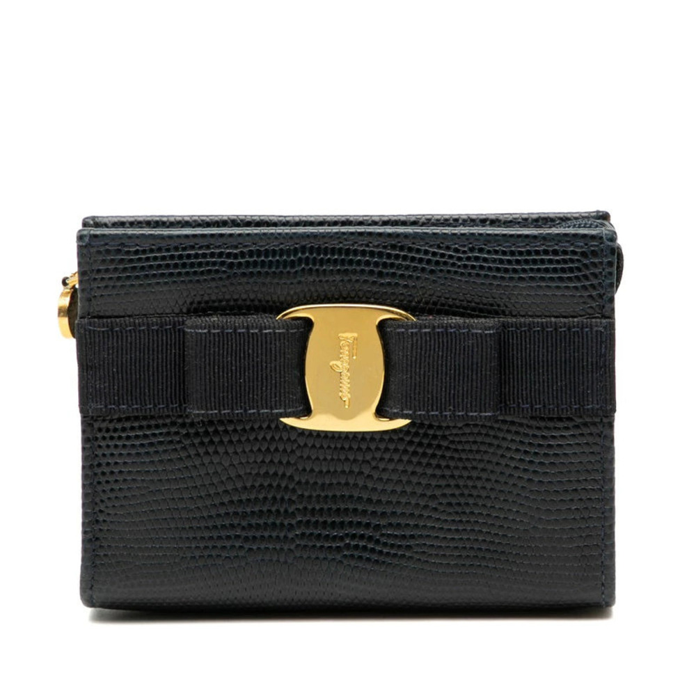 Salvatore Ferragamo Vara Ribbon Embossed Clutch Cosmetic Navy Blue Leather